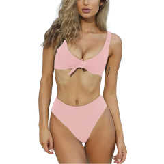 Pink Solid Front Tie Bikini Swimwear TQK610307-10