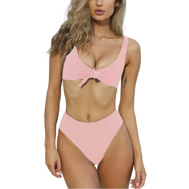Pink Solid Front Tie Bikini Swimwear TQK610307-10