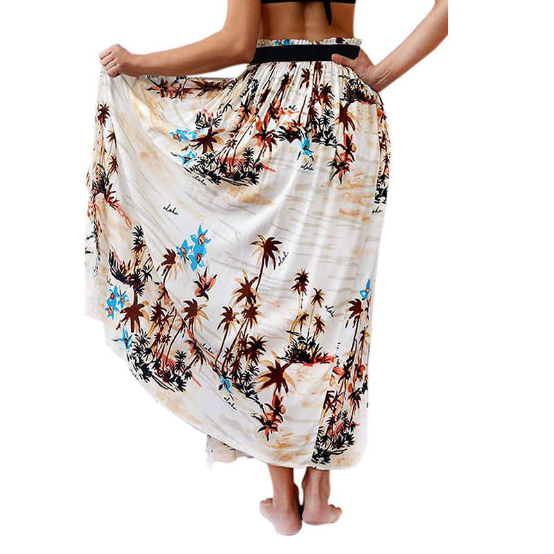 White Palm Tree Print Tassel Beach Skirt TQS360010-1