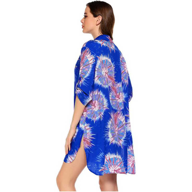 Blue Print Shirt Style Beach Cover Dress TQK650072-5