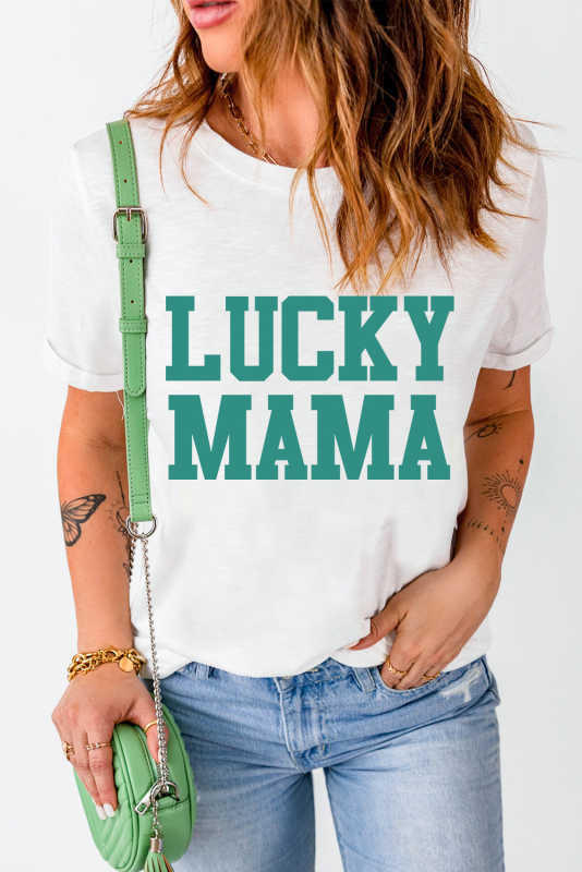 White LUCKY MAMA Letters Print Tee LC25219698-1