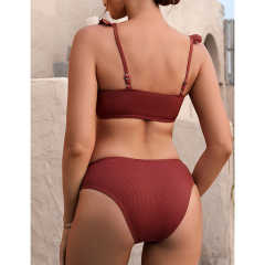 Wine Red Ruffle Detail Lace-up Bikini Set TQX610006-23