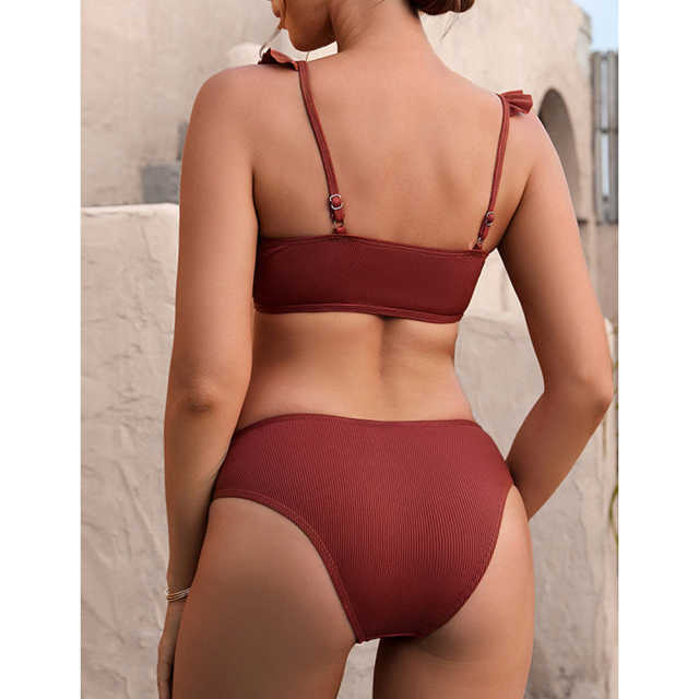 Wine Red Ruffle Detail Lace-up Bikini Set TQX610006-23