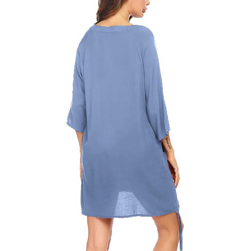 Blue V Neck Drawstring Beach Cover Dress TQK650071-5