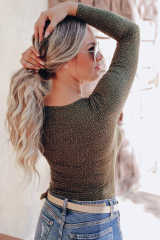 Olive Strappy Hollow-out Scoop Neck Long Sleeve Leopard Bodysuit LC6421125-9