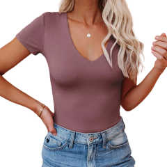 Rust Red Deep V Neck Short Sleeve Bodysuit TQK550252-33