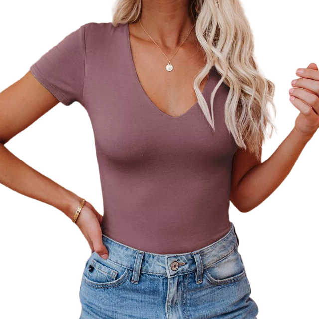 Rust Red Deep V Neck Short Sleeve Bodysuit TQK550252-33