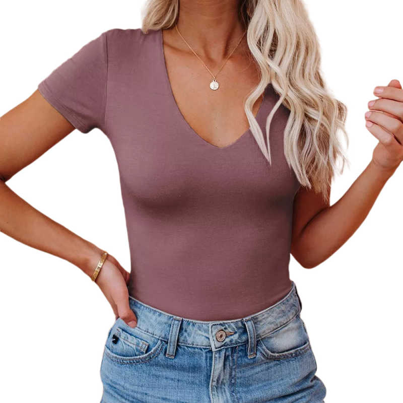Rust Red Deep V Neck Short Sleeve Bodysuit TQK550252-33