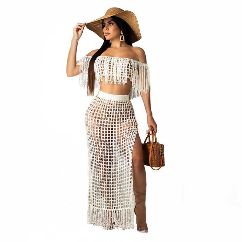 White Off Shoulder Crop Top and Maxi Skirt Beach Cover