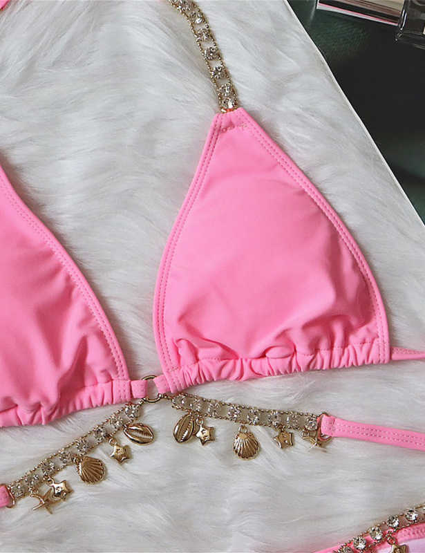 Pink Sexy Rhinestone Two-pieces Bikini Set TQK610324-10
