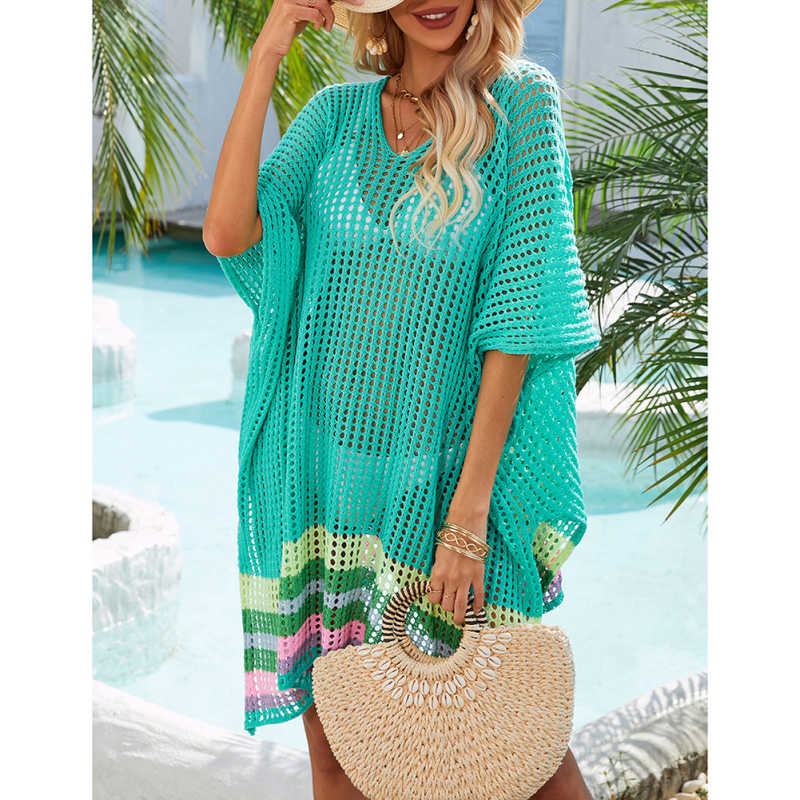 Blue Hollw-out Colorblock Hem V Neck Beach Cover TQX650055-5
