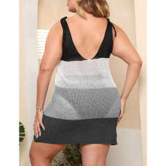 Gray Color Block V Neck Plus Size Beach Cover TQK311423-11