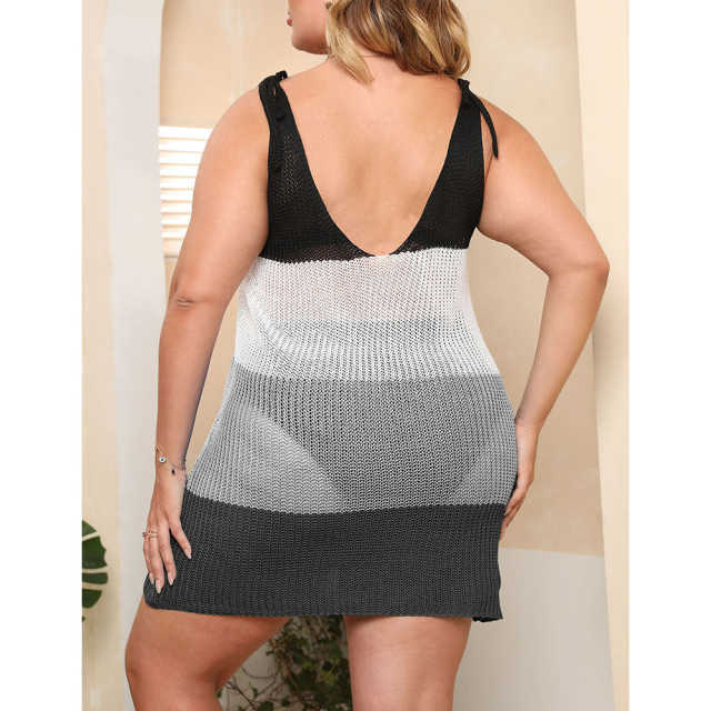Gray Color Block V Neck Plus Size Beach Cover TQK311423-11