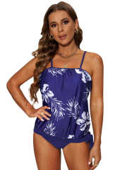 Blue Floral Pattern Strapless Tankini Set LC414353-5