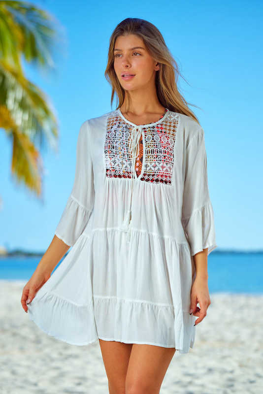 White Lace Panel Tie V Neck Beach Cover-up LC421642-1