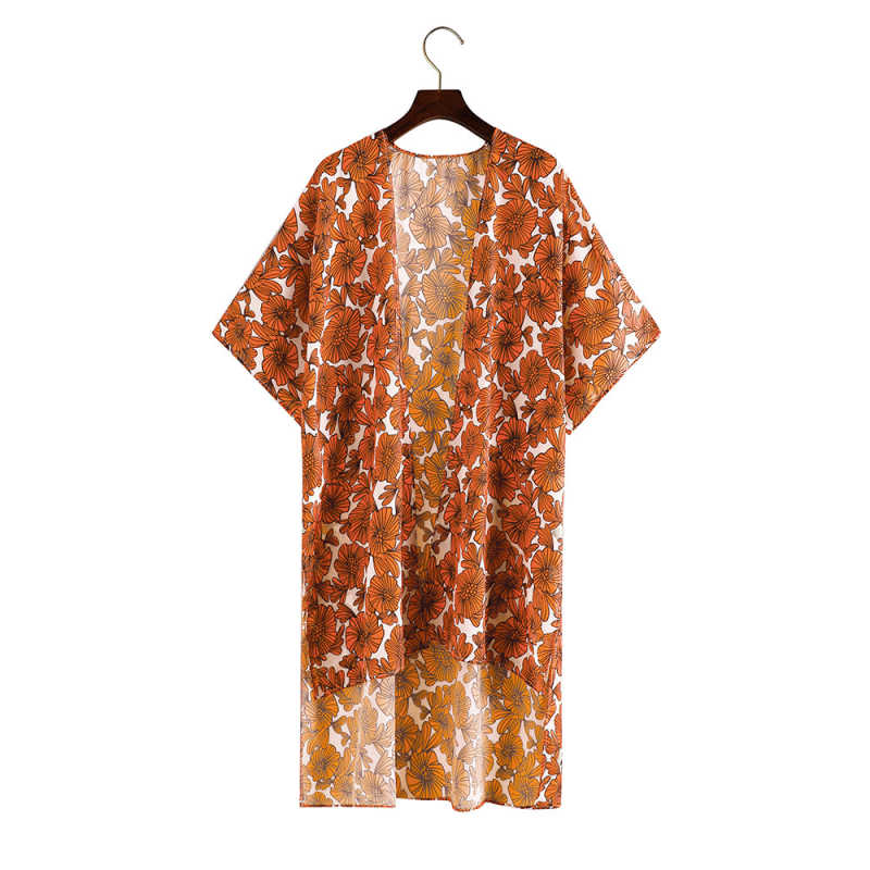 Orange Floral Print 1/2 Sleeves Chiffon Kimono TQK650089-14