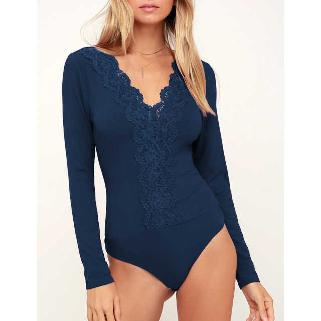 Navy Blue Lace V Neck Long Sleeve Bodysuit TQV220109-34