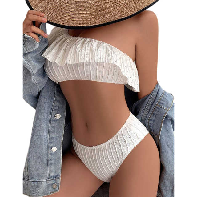 White Ribbed Ruffle One-shoulder  Bikini Set TQX610025-1