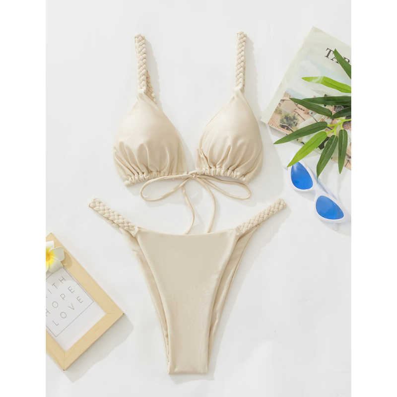 Apricot Braided Rope Triangle Bikini Set TQK610280-18
