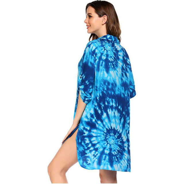 Aquamarine Print Shirt Style Beach Cover Dress TQK650072-45