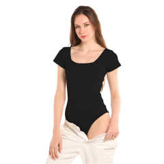 Black Rib Square Neck Bodysuit TQK550247-2