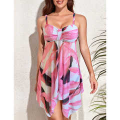 Pink Digital Print Pleated Swimdress Tankini Set TQV610002-10