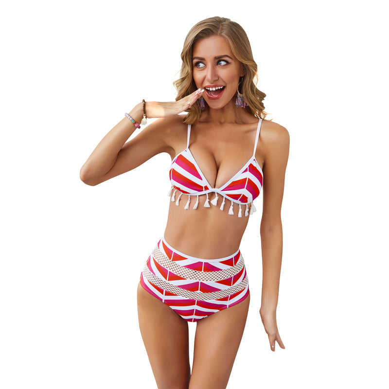 Rosy Stripe Print High Waist Bikini TQK610130-6