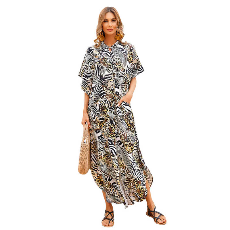 Yellow Button-down Holiday Beach Kimono Dress with Pocket TQK650094-22