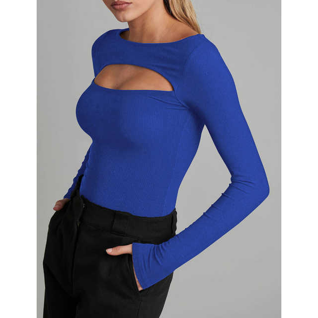 Royal Blue Ribbed Cut-out Long Sleeve Bodysuit TQV220110-62