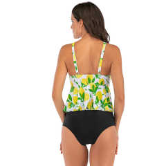 Light Green Floral Print Cross Ruffled  Tankini Set TQK610148-28