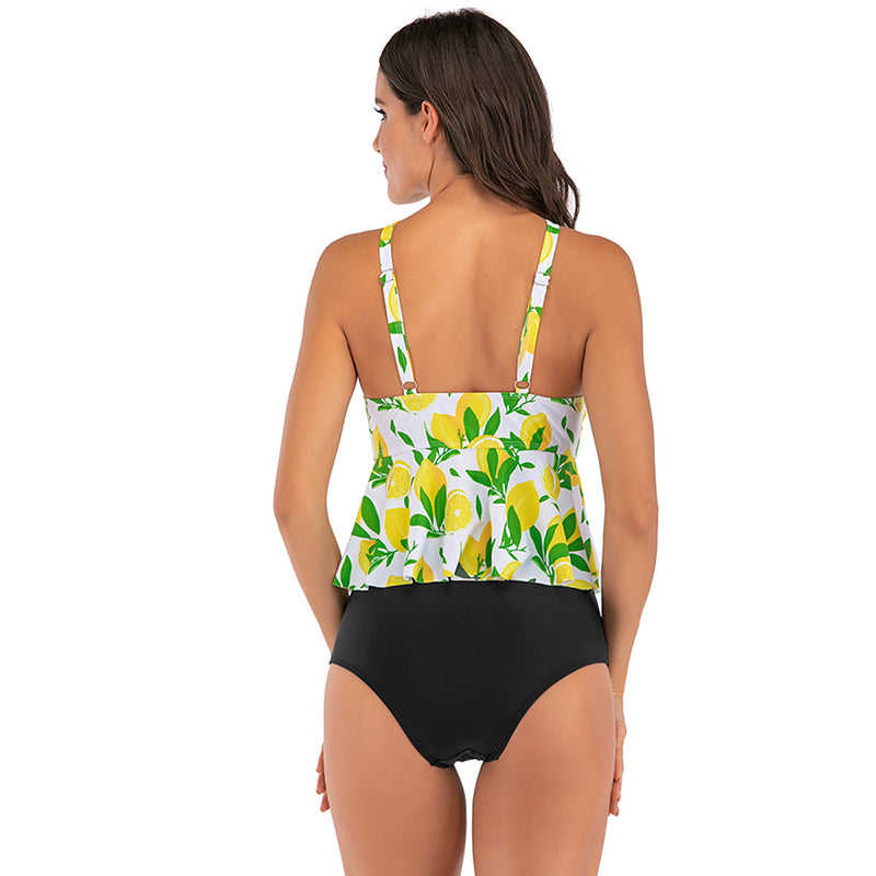 Light Green Floral Print Cross Ruffled  Tankini Set TQK610148-28