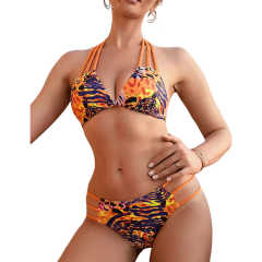 Orange Floral Print Hollow Out Bikini Set TQX610020-14
