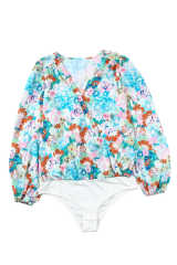 Sky Blue Floral Print Wrap Long Sleeve Bodysuit LC6421132-4