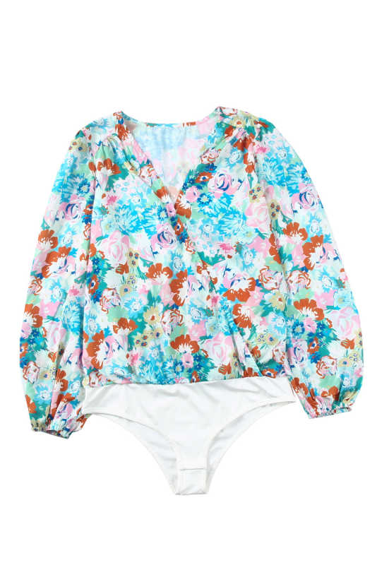 Sky Blue Floral Print Wrap Long Sleeve Bodysuit LC6421132-4