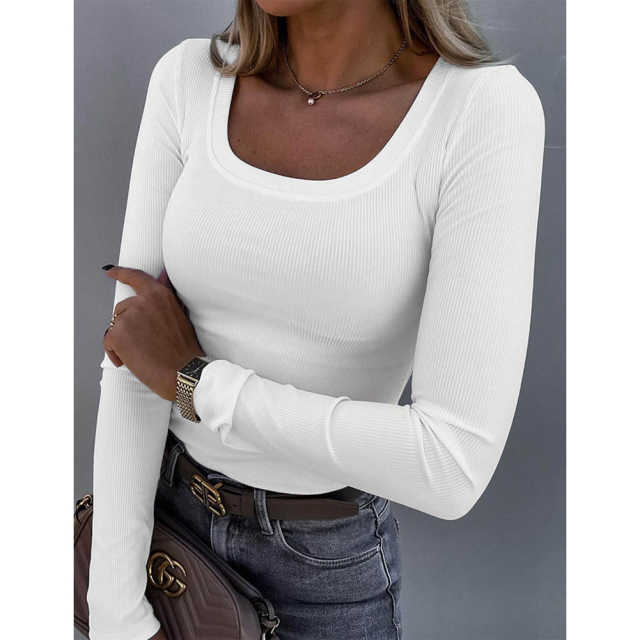 White U Neck Ribbed Long Sleeve Bodysuit TQV220126-1