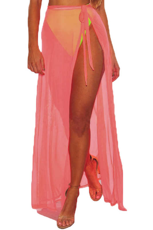 Neon Pink Mesh Slit Cover Up Belted Maxi Skirt