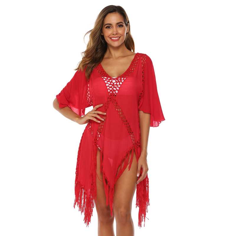 Red Hollow Out Tassel Beach Cover up GJZ00205-3