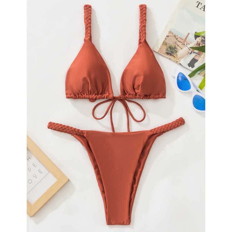 Rust Red Braided Rope Triangle Bikini Set TQK610280-33