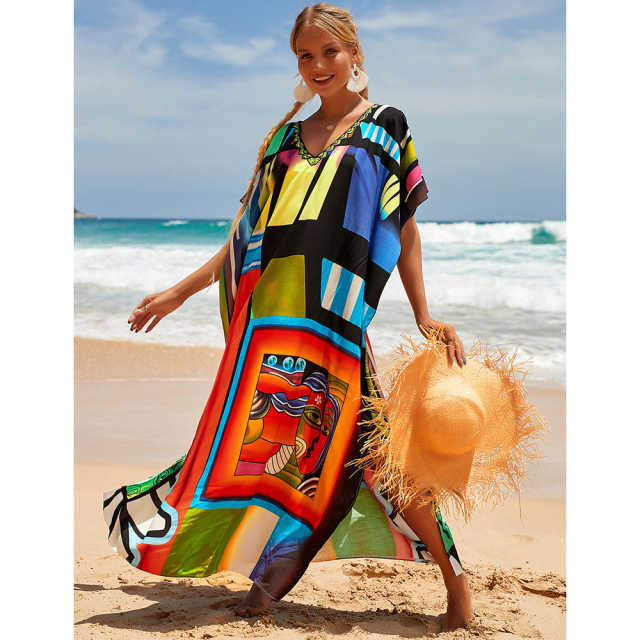 Black Graffiti Loose Beach Kimono Dress TQK650096-11