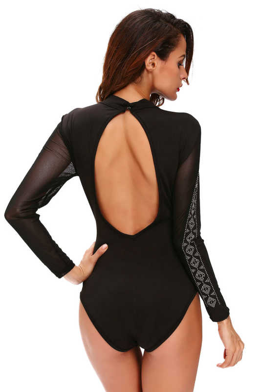 Black Long Sleeve Bodysuit With Back Open LC32062-2
