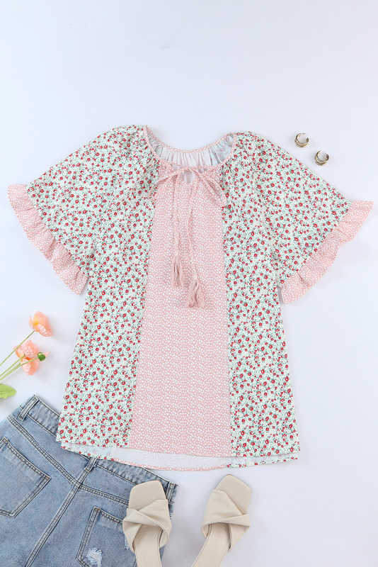 Pink Plus Size Dotty Floral Patchwork Tassel Tie V Neck Top PL251868-10
