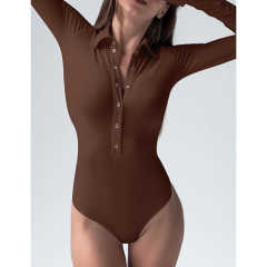 Coffee Button Lapel Collar Long Sleeve Bodysuit TQV220148-15