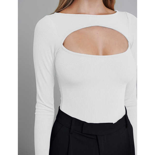 White Ribbed Cut-out Long Sleeve Bodysuit TQV220110-1