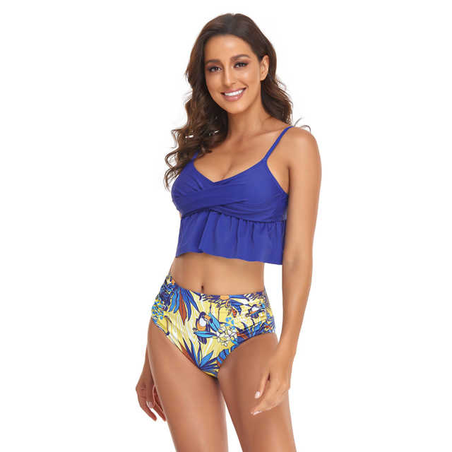 Blue Printed Ruffle Tie Back Tankini Swimwear TQK610301-5