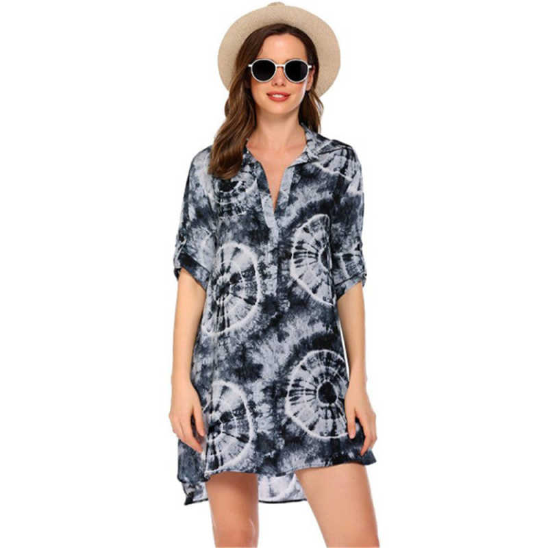 Black Print Shirt Style Beach Cover Dress TQK650072-2