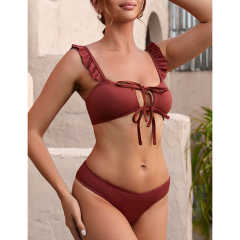 Wine Red Ruffle Detail Lace-up Bikini Set TQX610006-23