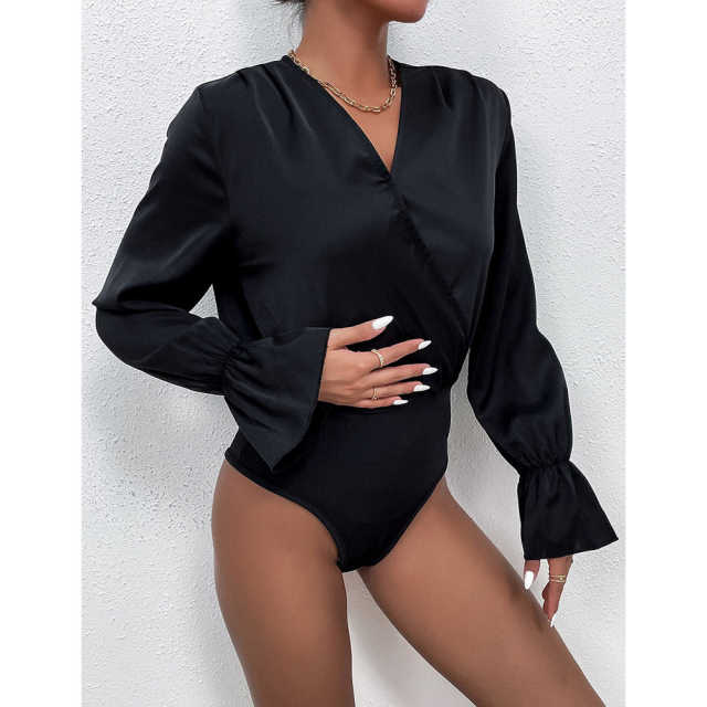Black V Neck Wrap Long Sleeve Bodysuit TQV220137-2