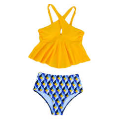 Yellow Geometric Print Bottom Cross Ruffled Tankini Set TQK610148-7