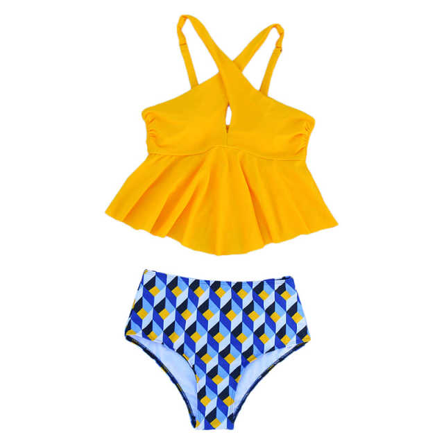 Yellow Geometric Print Bottom Cross Ruffled Tankini Set TQK610148-7