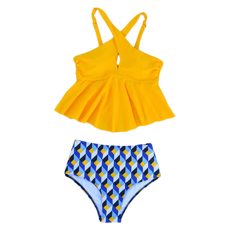Yellow Geometric Print Bottom Cross Ruffled Tankini Set TQK610148-7